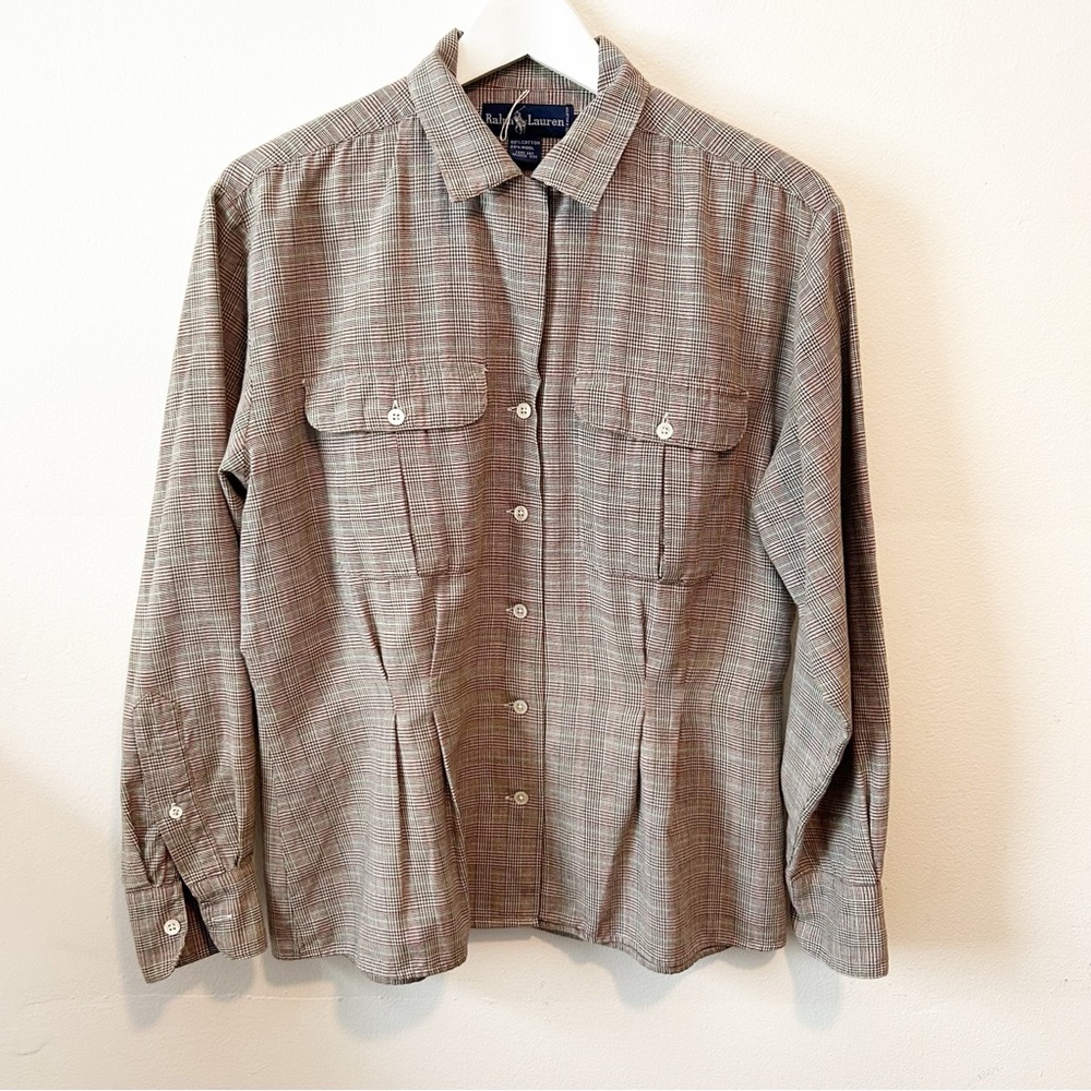 Vintage 80's Ralph Lauren Brown Cotton Wool Plaid Blouse with Darts Equestrian
